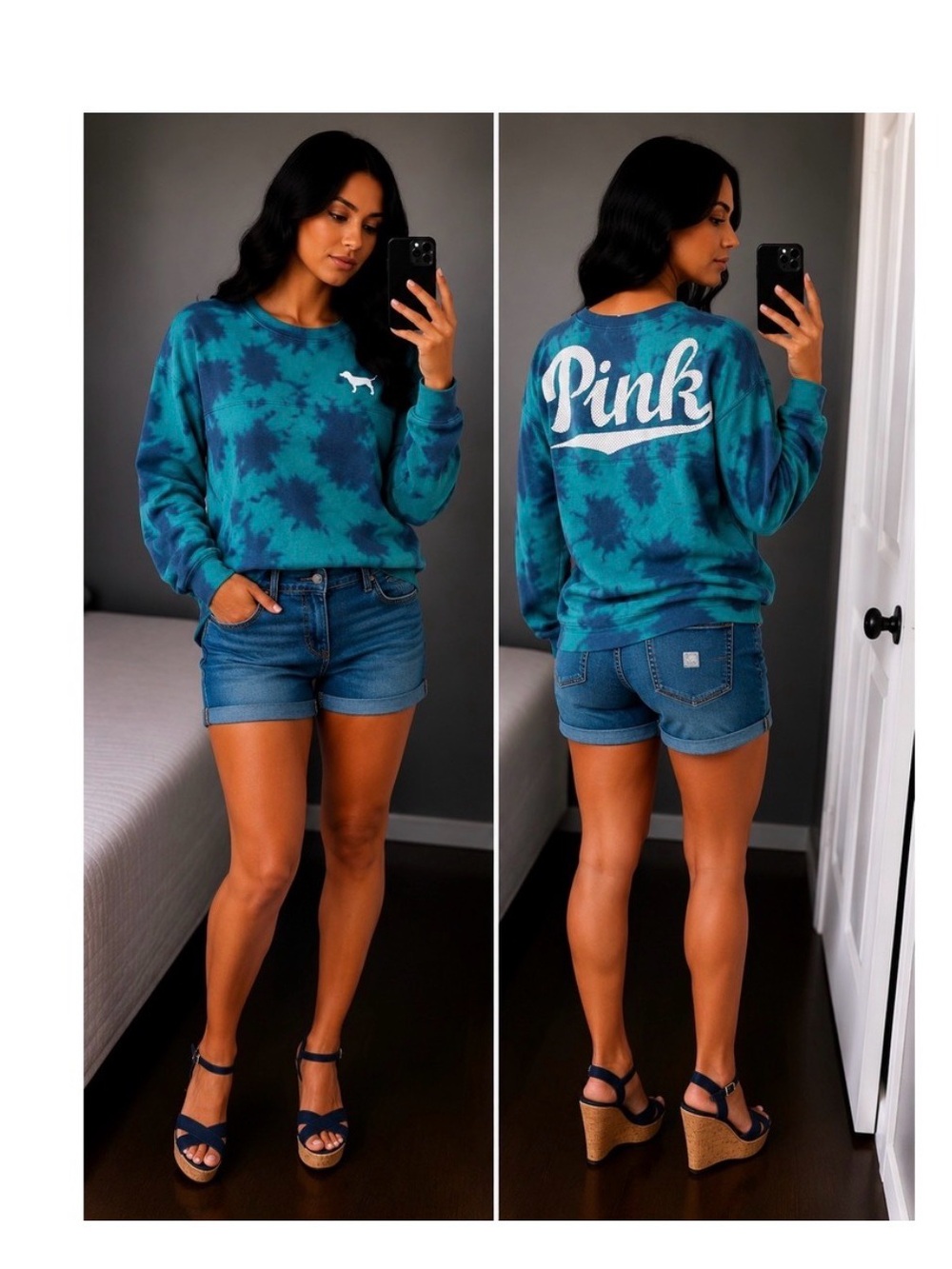 PINK Victoria's Secret Blue Teal Tie-Dye Sweatshirt with Dog Logo